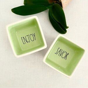 Rae Dunn Savor and Enjoy Square Green Ceramic Bowl Set 3" for Condiment Snacks
